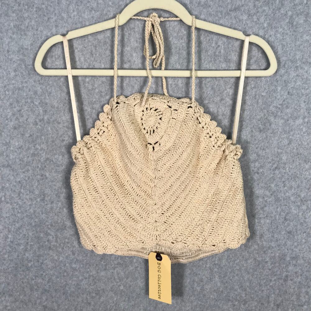 BOG Collective Top Women Small Tan Crop Tank Crochet Halter Festival Western Y2K